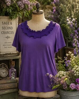 7W Purple Ruffle Neck Stretch Knit Top Women's Large Made USA